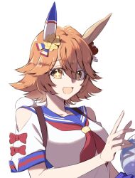 Rule 34 | + +, 1girl, animal ears, backpack, bag, breasts, clothing cutout, clover hair ornament, crystal ball, daruma doll, ear covers, hair ornament, highres, horse ears, korean commentary, looking at viewer, matikanefukukitaru (umamusume), neckerchief, open mouth, orange hair, red neckerchief, sailor collar, shirt, short hair, short sleeves, shoulder cutout, simple background, single ear cover, small breasts, smile, solo, taisaaa, umamusume, upper body, white background, white shirt, yellow eyes