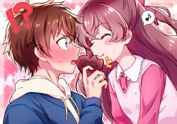 Rule 34 | !?, 1boy, 1girl, :t, blue eyes, blue jacket, blush, brown hair, candy, chocolate, chocolate heart, closed eyes, closed mouth, couple, delicious party precure, dress shirt, eating, embarrassed, food, happy valentine, heart, hetero, highres, hood, hood down, jacket, kyoutsuugengo, long hair, long sleeves, looking at another, musical note, nagomi yui, open mouth, pink shirt, precure, shinada takumi, shirt, short hair, speech bubble, spoken musical note, sweatdrop, sweater vest, vest, white vest