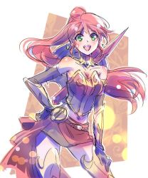 Rule 34 | armor, bare shoulders, boots, breastplate, circlet, corset, elbow gloves, forehead protector, gloves, green eyes, iesupa, long hair, midriff, miniskirt, ponytail, pyrrha nikos, red hair, rwby, skirt, solo, standing, thigh boots, thighhighs