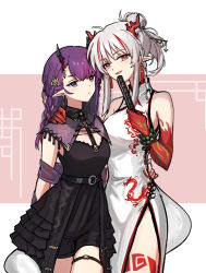 Rule 34 | 2girls, arknights, bead bracelet, beads, black dress, bracelet, braid, china dress, chinese clothes, cowboy shot, dress, folding fan, hand fan, highres, holding, holding fan, horns, jewelry, lava (arknights), lava the purgatory (arknights), lava the purgatory (dusk wisteria) (arknights), light blush, long hair, looking at viewer, mabing, multicolored hair, multiple girls, nian (arknights), nian (unfettered freedom) (arknights), official alternate costume, parted lips, pointy ears, purple eyes, purple hair, red eyes, red hair, shawl, sidelocks, sleeveless, sleeveless dress, streaked hair, thigh strap, white hair