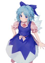 Rule 34 | 1girl, blue bow, blue dress, blue eyes, blue hair, bow, cirno, closed mouth, collared shirt, dress, hair bow, highres, himuhino, ice, ice wings, looking at viewer, pinafore dress, shirt, short hair, short sleeves, simple background, sleeveless dress, solo, touhou, white background, white shirt, wings