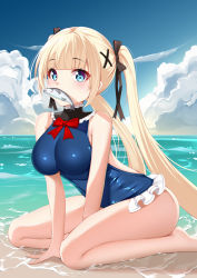 Rule 34 | 1girl, absurdres, azur lane, backless swimsuit, bad id, bad pixiv id, bare arms, bare legs, bare shoulders, barefoot, black ribbon, blonde hair, blue eyes, blue one-piece swimsuit, blue sky, blunt bangs, blush, bow, bowtie, breasts, casual one-piece swimsuit, catnnn, cloud, day, dead or alive, fish, frilled swimsuit, frills, hair ornament, hair ribbon, highres, horizon, huge filesize, kneeling, large breasts, leaning forward, long hair, looking at viewer, marie rose, medium breasts, mouth hold, ocean, one-piece swimsuit, outdoors, red bow, red bowtie, ribbon, sky, solo, swimsuit, twintails, very long hair, water, x hair ornament