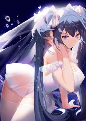 Rule 34 | 1girl, absurdres, bent over, black hair, blue eyes, breasts, bubble, bug, butterfly, cleavage, dress, eyelashes, hair ribbon, highres, insect, large breasts, long hair, looking at viewer, original, raincsh, ribbon, see-through, smile, solo, thighhighs, twintails, very long hair, white dress, white ribbon, white thighhighs