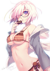 Rule 34 | 1girl, 2017, alternate costume, bikini, black-framed eyewear, blush, breasts, candy, chocolate, chocolate heart, cleavage, dated, fate/grand order, fate (series), food, hair over one eye, has bad revision, heart, large breasts, looking at viewer, mash kyrielight, md5 mismatch, navel, nishimura eri, parted lips, purple eyes, resolution mismatch, sideboob, simple background, sketch, solo, source smaller, striped bikini, striped clothes, swimsuit, twitter username, underboob, valentine, white background