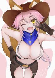 Rule 34 | 1girl, animal costume, animal ear fluff, animal ears, animal print, bad id, bad twitter id, blush, bra, breasts, cleavage, cow costume, cow girl, cow hat, cow print, dated, ears through headwear, fang, fangs, fate/extra, fate/grand order, fate (series), fox ears, fox girl, fox tail, hand on own hip, highres, jacket, large breasts, leather, leather jacket, looking at viewer, navel, one eye closed, open mouth, panties, pink hair, skin fang, solo, tail, tamamo (fate), tamamo no mae (fate/extra), uminosobadashi, underwear, v, yellow eyes