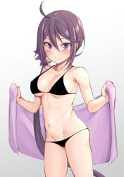 Rule 34 | 1girl, ahoge, akebono (kancolle), alternate breast size, bell, bikini, black bikini, blush, breasts, closed mouth, collarbone, commentary request, cowboy shot, flower, groin, hair bell, hair between eyes, hair flower, hair ornament, highres, holding, holding towel, jingle bell, kantai collection, large breasts, long hair, looking at viewer, navel, pink flower, purple eyes, purple hair, side ponytail, simple background, smile, solo, swimsuit, towel, very long hair, yuki to hana