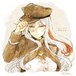 Rule 34 | 1girl, 86 -eightysix-, banira (ri0115ka), breasts, closed mouth, commentary request, cropped torso, expressionless, floating hair, grey eyes, hair between eyes, hand on headwear, hat, jacket, long bangs, long hair, long sleeves, looking at viewer, medium breasts, military hat, military jacket, peaked cap, red hair, sepia, shirt, solo, translation request, twitter username, vladilena millize