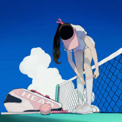 Rule 34 | 1girl, adjusting clothes, adjusting legwear, ball, bent over, black hair, blue sky, cloud, cloudy sky, commentary, day, flat color, from below, full body, hat, highres, kneehighs, long hair, looking down, miniskirt, original, pink hat, ponytail, racket, shirt, shoes, short sleeves, skirt, sky, sneakers, socks, solo, standing, t0rped0, tennis ball, tennis court, tennis net, tennis racket, tennis racket case, visor cap, white footwear, white shirt, white skirt
