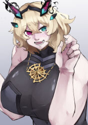 Rule 34 | 1girl, absurdres, alternate hair length, alternate hairstyle, bare shoulders, barghest (fate), black dress, blonde hair, breasts, dress, fate/grand order, fate (series), green eyes, gumi (the eye of darkness), heterochromia, highres, horns, huge breasts, jewelry, looking at viewer, necklace, open mouth, red eyes, short hair, smile, solo