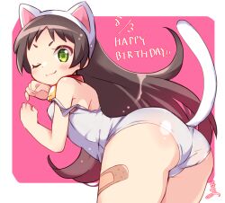 Rule 34 | 1girl, :3, animal collar, animal ears, ass, bandaid, bandaid on leg, bare shoulders, border, breasts, brown hair, cat ears, cat tail, closed mouth, collar, cowboy shot, fake animal ears, from side, green eyes, hairband, hands up, happy birthday, hazuki kurumi, highres, kaitou tenshi twin angel, komatsu tsumako, leaning forward, light blush, long hair, looking at viewer, looking to the side, neck bell, one-piece swimsuit, one eye closed, outside border, pink background, red collar, school swimsuit, short bangs, short eyebrows, small breasts, smile, solo, standing, strap slip, swimsuit, tail, tail raised, twin angel, v-shaped eyebrows, white hairband, white one-piece swimsuit, white school swimsuit