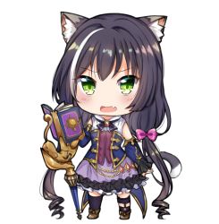 Rule 34 | 1girl, animal ear fluff, animal ears, black hair, black thighhighs, blue sleeves, blush, book, boots, bow, brown footwear, cat ears, cat girl, cat tail, commentary request, detached sleeves, fang, frilled skirt, frills, full body, green eyes, hair bow, karyl (princess connect!), long hair, long sleeves, looking at viewer, low twintails, multicolored hair, open book, open mouth, pink bow, princess connect!, purple skirt, rinringyo, shirt, skirt, sleeveless, sleeveless shirt, solo, streaked hair, tail, thighhighs, transparent background, twintails, very long hair, white hair, white shirt