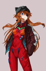 Rule 34 | 1girl, animal hat, black hat, blue eyes, bodysuit, bodysuit under clothes, breasts, brown jacket, cat hat, closed mouth, commentary, cowboy shot, evangelion: 3.0 you can (not) redo, expressionless, eyepatch, grey background, hand in pocket, hat, highres, jacket, long hair, looking away, mandei (nao 1234567), medium breasts, neon genesis evangelion, open clothes, open jacket, orange hair, pilot suit, plugsuit, rebuild of evangelion, red bodysuit, simple background, skin tight, solo, souryuu asuka langley, split mouth, track jacket, wide hips