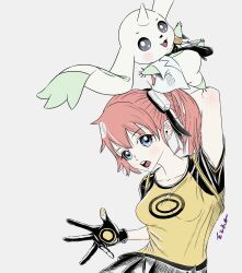 Rule 34 | aiba ami, digimon, gloves, highres, horns, looking at viewer, necktie, short hair, skirt, terriermon assistant