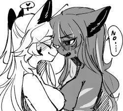 Rule 34 | 2girls, animal ears, animal nose, blush, body fur, bow, breasts, closed eyes, closed mouth, commentary request, english text, fang, furry, furry female, furry with furry, greyscale, hair between eyes, hair bow, heart, korean commentary, large breasts, long hair, medium breasts, monochrome, multiple girls, nude, original, ressue (gomgom), snout, spoken heart, sweat, sweatdrop, yuri