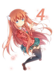 Rule 34 | 1girl, arm behind back, black thighhighs, blue eyes, blush, breasts, brown footwear, chinese commentary, closed mouth, collared shirt, commentary request, countdown illustration, eyes visible through hair, floating hair, full body, hair between eyes, hand up, highres, jacket, knees together feet apart, lliissaawwuu2, long hair, long sleeves, looking at viewer, medium breasts, midair, miniskirt, necktie, ootori chihaya, orange hair, orange jacket, plaid, plaid skirt, pleated skirt, red necktie, rewrite, ribbon, ribbon-trimmed thighhighs, ribbon trim, school uniform, shirt, shoes, sidelocks, simple background, skirt, smile, sneakers, solo, thighhighs, two side up, very long hair, white background, white ribbon, white shirt, wing hair ornament, zettai ryouiki
