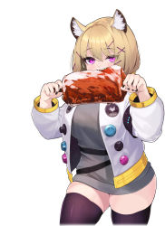 Rule 34 | 1girl, absurdres, animal ear fluff, arknights, black nails, blonde hair, blush, breasts, cowboy shot, dress, eating, fingernails, food, grey dress, grey sweater, hair ornament, hairclip, highres, holding, holding food, jacket, large breasts, long sleeves, looking at viewer, mari0ball, meat, nail polish, open clothes, open jacket, purple eyes, purple thighhighs, short dress, short hair, solo, sweater, sweater dress, thighhighs, utage (arknights), white jacket, zettai ryouiki