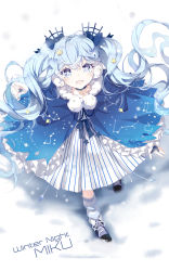 Rule 34 | 1girl, :d, blue bow, blue eyes, blue hair, bow, character name, choker, cloak, constellation, crescent, cross-laced footwear, dress, earmuffs, eyebrows, fingerless gloves, from above, full body, fuyu no yoru miku, gloves, hair bow, hair ornament, hatsune miku, highres, hood, hood down, hooded cloak, jewelry, linfi-muu, long hair, looking at viewer, loose socks, matching hair/eyes, md5 mismatch, neck ribbon, open mouth, pendant, pom pom (clothes), ribbon, shoes, smile, sneakers, snow, snowing, socks, solo, star (symbol), star hair ornament, starry sky print, striped clothes, striped dress, symbol-shaped pupils, twintails, very long hair, vocaloid, walking, white socks