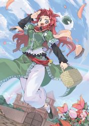 Rule 34 | 1girl, blue eyes, braid, china dress, chinese clothes, dress, fang, female focus, flower, full body, hong meiling, long hair, morino hon, outdoors, red hair, scarlet devil mansion, sky, solo, embodiment of scarlet devil, touhou, twin braids