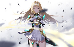Rule 34 | absurdres, bare legs, bare shoulders, blonde hair, breasts, chest jewel, cleavage, cleavage cutout, clothing cutout, dress, earrings, elbow gloves, evan (pixiv7510743), gem, gloves, headpiece, highres, jewelry, large breasts, long hair, mythra (xenoblade), short dress, solo, swept bangs, thigh strap, tiara, very long hair, white dress, white gloves, xenoblade chronicles (series), xenoblade chronicles 2, yellow eyes