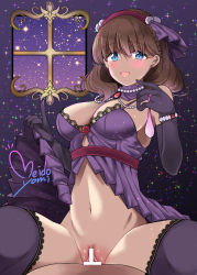 Rule 34 | 10s, 1girl, artist name, blue eyes, blush, bottomless, brown hair, censored, condom, cowgirl position, dress, elbow gloves, girl on top, gloves, hairband, idolmaster, idolmaster cinderella girls, idolmaster cinderella girls starlight stage, looking at viewer, meido yomi, sakuma mayu, sex, short hair, signature, smile, solo focus, straddling, thighhighs, used condom, vaginal