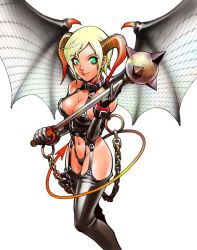 Rule 34 | 1girl, bat wings, bdsm, blonde hair, bondage, boots, bound, breasts, chain, chaps, cleavage, clothing cutout, collar, demon girl, demon tail, gloves, green eyes, horns, large breasts, leather, leather gloves, looking at viewer, mace, navel, navel cutout, shiroo oono, simple background, smile, solo, tail, thigh boots, thighhighs, weapon, wings