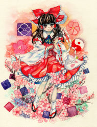 Rule 34 | 1girl, :d, ascot, bare shoulders, bow, branch, brown eyes, brown hair, detached sleeves, dress, female focus, flower, hair bow, hair tubes, hakurei reimu, japanese clothes, long hair, miko, open mouth, painting (medium), sandals, smile, solo, touhou, traditional media, tugumi0w0, watercolor (medium), yin yang
