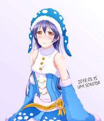 Rule 34 | 10s, 1girl, 2018, animal costume, bare shoulders, blue hair, blush, character name, commentary request, dated, detached sleeves, fur trim, grey background, hair between eyes, hat, long hair, long sleeves, looking at viewer, love live!, love live! school idol festival, love live! school idol project, roaru (gyuren), simple background, sitting, smile, solo, sonoda umi, whale shark, yellow eyes