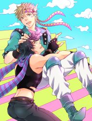 Rule 34 | 2boys, askr (mymy), bad id, bad pixiv id, bare shoulders, battle tendency, black hair, blonde hair, caesar anthonio zeppeli, clothing cutout, cloud, crop top, facial mark, feather hair ornament, feathers, fingerless gloves, gloves, green eyes, green footwear, green jacket, hair ornament, hand on another&#039;s head, headband, jacket, jojo no kimyou na bouken, joseph joestar, joseph joestar (young), knee pads, male focus, midriff, multiple boys, pants, pointing, ribbon, scarf, shoes, side cutout, sitting, sleeveless, smile, striped clothes, striped scarf, studded jacket, white pants