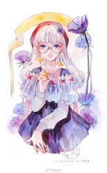 Rule 34 | 1girl, beret, blue capelet, blue eyes, capelet, chinese commentary, collar, collared dress, commentary request, dangle earrings, dress, earrings, eyelashes, fingernails, flower, frilled capelet, frills, glasses, hair flower, hair ornament, hat, holding, holding star, huangpi sang, jewelry, long hair, long sleeves, open mouth, original, pink collar, pink lips, purple dress, purple flower, red hat, round eyewear, smile, solo, star (sky), star (symbol), straight-on, sweater, teeth, watermark, weibo logo, weibo watermark, white background, white hair, white sleeves
