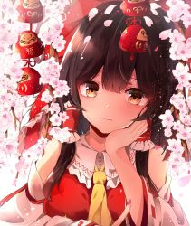 Rule 34 | 1girl, bad id, bad pixiv id, bow, branch, brown eyes, brown hair, cherry blossoms, commentary request, daruma doll, detached sleeves, elbow rest, flower, hair bow, hair tubes, hakurei reimu, hand on own cheek, hand on own face, hand up, highres, long hair, long sleeves, looking at viewer, petals, red bow, red shirt, ribbon-trimmed sleeves, ribbon trim, shangurira, shirt, solo, sparkle, touhou, upper body, white background, yellow neckwear