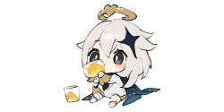 Rule 34 | 1girl, bad id, bad twitter id, black eyes, boots, chibi, commentary request, cup, dress, drinking glass, full body, genshin impact, hair between eyes, halo, heart, highres, holding, holding cup, knee boots, long sleeves, paimon (genshin impact), silver hair, simple background, single thighhigh, sitting, slime, solo, thighhighs, thighhighs under boots, white background, white dress, white footwear, white thighhighs, yu-ri (arium047)