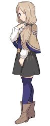 Rule 34 | 1girl, black skirt, blonde hair, boots, bow, brown bow, brown footwear, fire emblem, fire emblem: three houses, full body, long hair, long sleeves, looking at viewer, mercedes von martritz, nintendo, purple eyes, purple thighhighs, shiseki hirame, simple background, skirt, smile, solo, split mouth, thighhighs, white background
