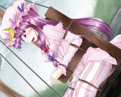 Rule 34 | 1girl, bdsm, bondage, bound, breasts, covered erect nipples, crescent, female focus, hat, large breasts, long hair, open mouth, patchouli knowledge, purple eyes, purple hair, shimo (depthbomb), solo, tied up (nonsexual), torture, touhou, very long hair, water, witch trial