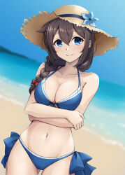 Rule 34 | 1girl, bare arms, bare legs, bare shoulders, beach, bikini, blue bikini, blue eyes, blush, braid, breasts, brown hair, cleavage, closed mouth, collarbone, cowboy shot, day, groin, hair between eyes, hair flaps, hat, highres, kantai collection, kodama (mmt uf), large breasts, long hair, looking at viewer, navel, ocean, official alternate costume, outdoors, shigure (kancolle), shigure kai san (kancolle), single braid, solo, straw hat, swimsuit