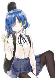 Rule 34 | 1girl, black pantyhose, blue hair, blue ribbon, blue skirt, bocchi the rock!, cellphone, collared shirt, earphones, guitar case, hair ornament, hair over one eye, hairclip, hamazi aki, hand up, highres, instrument case, listening to music, long sleeves, looking at viewer, mole, mole under eye, neck ribbon, official art, one eye covered, pantyhose, parted lips, phone, pleated skirt, ribbon, shirt, short hair, simple background, sitting, skirt, smartphone, solo, white background, white shirt, yamada ryo, yellow eyes