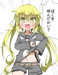 Rule 34 | &gt;:d, 10s, 1girl, :d, adapted costume, alternate costume, belt, blonde hair, blush, clothes lift, crescent, highres, kantai collection, long hair, looking at viewer, money gesture, navel, neckerchief, open mouth, sailor collar, satsuki (kancolle), school uniform, serafuku, shibainu kisetsu, shirt lift, shorts, smile, solo, translation request, twintails, v-shaped eyebrows, white background, yellow eyes, yen sign