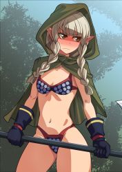 Rule 34 | 1girl, alternate weapon, amazon (dragon&#039;s crown), amazon (dragon&#039;s crown) (cosplay), armor, axe, bikini armor, blonde hair, blush, braid, brown eyes, cloak, commentary request, cosplay, cowboy shot, day, dragon&#039;s crown, ebs, elf, elf (dragon&#039;s crown), embarrassed, frown, gloves, hood, hooded cloak, long hair, looking away, navel, outdoors, pointy ears, solo, sweatdrop, swimsuit, tree, twin braids, weapon