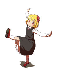 Rule 34 | 1girl, blonde hair, blush, child, dress, embodiment of scarlet devil, female focus, full body, hair ribbon, leg up, outstretched arms, red eyes, ribbon, rumia, shibasaki shouji, short hair, simple background, smile, solo, spread arms, standing, standing on one leg, touhou