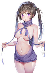 Rule 34 | 1girl, bare shoulders, blush, breasts, brown hair, convenient censoring, drawstring, dress, halterneck, kakiman, large breasts, long hair, looking at viewer, meme attire, naked sweater, navel, original, purple eyes, ribbed sweater, simple background, solo, sweater, sweater dress, turtleneck, turtleneck sweater, twintails, virgin killer sweater, wardrobe error, white background