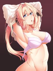 Rule 34 | 10s, 1girl, absurdres, arched back, armpits, blonde hair, blouse, blue eyes, blush, bra, breasts, clothes lift, collarbone, eyelashes, gradient background, hair intakes, highres, large breasts, lifted by self, long hair, looking at viewer, navel, open mouth, red background, scar, shirt, shirt lift, solo, standing, thighhighs, underwear, undone bra, undressing, violet evergarden, violet evergarden (series), white shirt, yaobin yang
