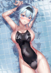 Rule 34 | 1girl, armpits, arms behind head, arms up, bare shoulders, black hairband, black one-piece swimsuit, blue hair, blush, breasts, cleavage, collarbone, competition swimsuit, covered navel, dappled sunlight, eula (genshin impact), genshin impact, hair ornament, hairband, highleg, highleg swimsuit, highres, large breasts, looking at viewer, medium hair, one-piece swimsuit, open mouth, purple eyes, shirosaba, sideboob, sidelocks, solo, sunlight, swimsuit, thighs, two-tone swimsuit
