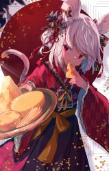 Rule 34 | 1girl, 2020, animal ears, blush, bow, bowl, cheese, cheese wheel, chinese zodiac, eating, food, furisode, giving, grey hair, hair bow, hair ornament, hakama, hakama skirt, highres, holding, holding bowl, holding food, japanese clothes, kimono, long sleeves, looking at viewer, makihitsuji, mouse ears, mouse tail, original, red eyes, short hair, skirt, solo, swiss cheese, tail, wide sleeves, year of the rat