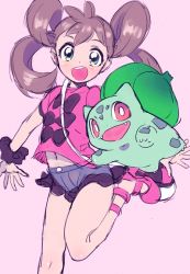 Rule 34 | :d, amezawa koma, blue shorts, brown hair, bulbasaur, creatures (company), game freak, gen 1 pokemon, green eyes, looking at viewer, navel, nintendo, open mouth, outstretched arms, pink background, pink footwear, pink shirt, pokemon, pokemon (creature), pokemon xy, scrunchie, shauna (pokemon), shirt, shoes, short shorts, shorts, simple background, smile, spread arms, standing, standing on one leg, twintails, wrist scrunchie