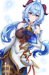 Rule 34 | 1girl, ahoge, bell, blue hair, bodystocking, bodysuit, breasts, brown bodysuit, chinese knot, colored tips, cowbell, cowboy shot, curled horns, detached sleeves, flower knot, ganyu (genshin impact), genshin impact, goat horns, hair between eyes, hand on own chest, horns, long hair, low ponytail, medium breasts, multicolored eyes, multicolored hair, neck bell, purple eyes, red rope, rope, setta shu, sidelocks, smile, solo, thighlet, white sleeves