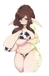 Rule 34 | 1girl, animal print, bad id, bad twitter id, bikini, blue eyes, blush, breast hold, breast lift, breasts, brown hair, cow print, elf, glowing, highres, huge breasts, navel, original, plump, pointy ears, slugbox, swimsuit, tattoo, thick thighs, thighs, white background, wide hips