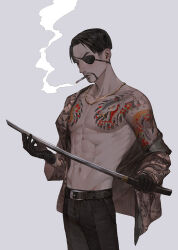 Rule 34 | 1boy, abs, arm tattoo, belt, black belt, black gloves, black pants, chain necklace, chest tattoo, cigarette, collarbone, eyepatch, facial hair, forehead, gloves, goatee, gold jacket, gold necklace, grey background, holding, holding sword, holding weapon, jacket, jewelry, katana, looking at object, looking down, majima goro, male focus, mayya82, muscular, muscular male, necklace, obliques, one eye covered, open clothes, open jacket, pants, pectorals, ryuu ga gotoku (series), ryuu ga gotoku 1, short hair, shoulder tattoo, single bare shoulder, single off shoulder, smoke, smoke trail, smoking, snake tattoo, solo, sword, tattoo, weapon