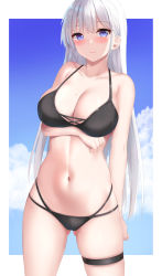 Rule 34 | 1girl, bare arms, bare shoulders, bikini, black bikini, blue eyes, blue sky, blush, breasts, cloud, collarbone, commentary request, cowboy shot, day, gluteal fold, highres, large breasts, long hair, looking at viewer, mole, mole on breast, navel, original, outdoors, silver hair, skindentation, sky, smile, solo, standing, stomach, swimsuit, tatsumiya kagari, thigh strap, thighs, very long hair