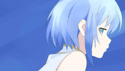 Rule 34 | 10s, 1girl, blue eyes, blue theme, cape, derivative work, frown, gradient background, mahou shoujo madoka magica, mahou shoujo madoka magica (anime), mahou shoujo madoka magica movie 1 &amp; 2, miki sayaka, plastic memories, pout, profile, short hair, solo, x k o