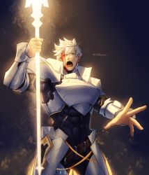 Rule 34 | 1boy, absurdres, armor, black background, blood, blood on face, blue eyes, fate/grand order, fate (series), glowing, glowing weapon, highres, holding, holding polearm, holding spear, holding weapon, injury, light, male focus, muscular, muscular male, one eye closed, pauldrons, percival (fate), polearm, shoulder armor, signature, spear, weapon, yaekaidou