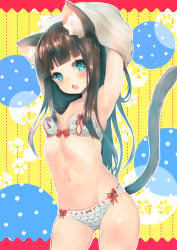 Rule 34 | 1girl, animal ear fluff, animal ears, armpits, arms up, black hair, blue eyes, blunt bangs, blush, bow, bow bra, bow panties, bra, breasts, cat-shaped pupils, cat ears, cat tail, fang, long hair, looking at viewer, navel, open mouth, original, panties, small breasts, solo, suzuho hotaru, symbol-shaped pupils, tail, underwear, undressing, white bra, white panties